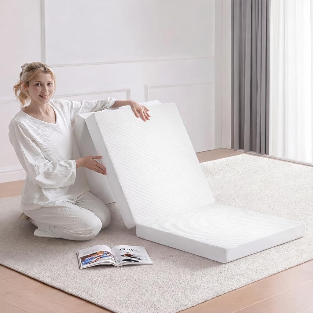 Home Mart Home Comfort Folding Mattress – Polyurethane Foam Density 20kg Medium Firm, Premium Knitted Fabric White Tri-Fold Mattress, 180 × 90 × 7 cm