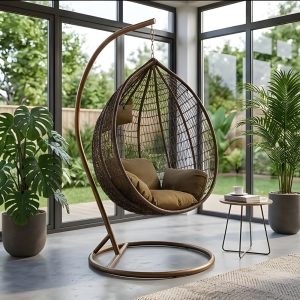 Home Mart Hanging Egg Chair with Stand, Outdoor Patio Swing Chair, Brown Rattan Basket, Brown Frame, Light Brown Cushions for Balcony Garden Terrace