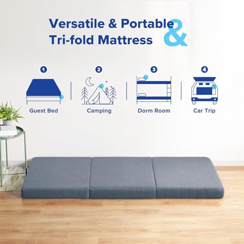 Tri-Folding Memory Foam Mattress Topper | Portable Bed, Collapsible and Washable Cover | Foldable Camping Floor Mattress Guest Bed for Camping - Image 7