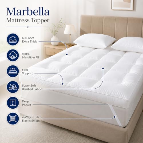 Marbella Mattress Topper, 600 GSM Extra Thick, 100% Microfiber Fill, Firm Support, Super Soft Brushed Fabric, Deep Pocket with 4-Way Stretch Elastic Straps (Super King : 200 x 200 cm) - Image 8