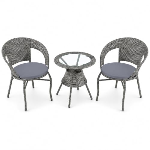 3-Piece Charcoal Grey Rattan Bistro Set with Cushioned Chairs and Round Glass-Top Table - Image 2