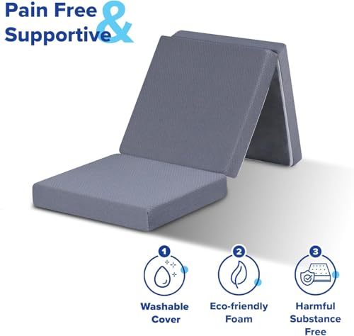 Tri-Folding Memory Foam Mattress Topper | Portable Bed, Collapsible and Washable Cover | Foldable Camping Floor Mattress Guest Bed for Camping - Image 8