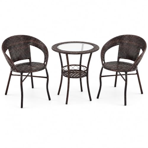 Marbella 3-Piece Brown Wicker Bistro Set with Round Glass-Top Table and 2 Armchairs - Image 2