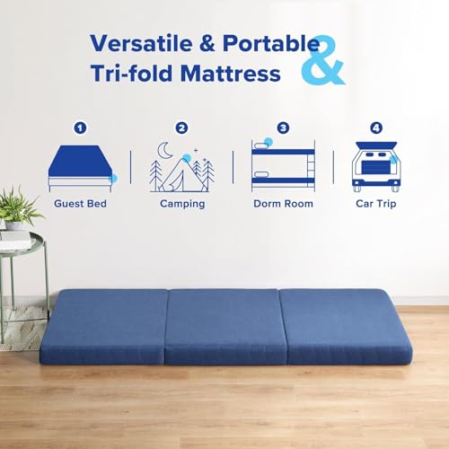 Tri-Folding Memory Foam Mattress Topper | Portable Bed, Collapsible and Washable Cover | Foldable Camping Floor Mattress Guest Bed for Camping - Image 6
