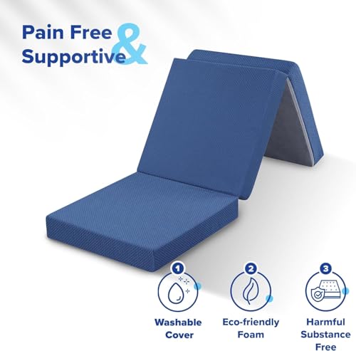 Tri-Folding Memory Foam Mattress Topper | Portable Bed, Collapsible and Washable Cover | Foldable Camping Floor Mattress Guest Bed for Camping - Image 7