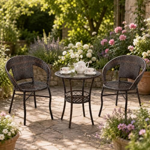 Marbella 3-Piece Brown Wicker Bistro Set with Round Glass-Top Table and 2 Armchairs - Image 6