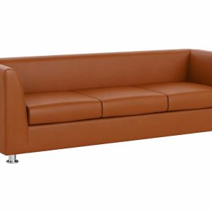 679 Brown PU Leather 3 Seater Sofa | Modern Straight Arms Couch with High-Density Foam, Solid Wood Frame and Chrome Metal Legs for Living Room, Office, Reception and Family Lounges