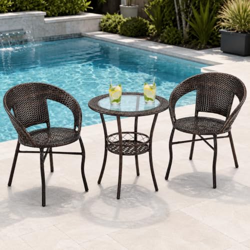 Marbella 3-Piece Brown Wicker Bistro Set with Round Glass-Top Table and 2 Armchairs - Image 5