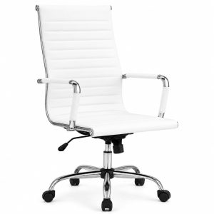 Marbella High-Back Executive Office Chair, Black Ribbed Faux Leather, Cushioned Desk Chair with Chrome Base, Adjustable Height, Tilt Function & 360° Swivel for Home Office, White