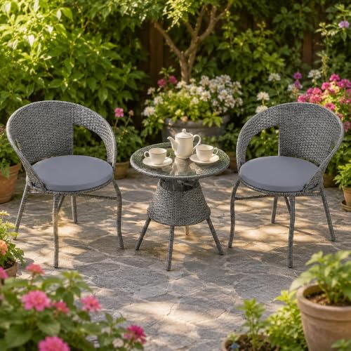 3-Piece Charcoal Grey Rattan Bistro Set with Cushioned Chairs and Round Glass-Top Table - Image 5