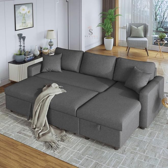 Home Mart Modern L-Shaped Convertible Sofa with Storage, Gray Fabric Upholstered Sectional Couch with Chaise for Living Room, Space-Saving Sleeper Sofa Bed with Comfortable Cushions