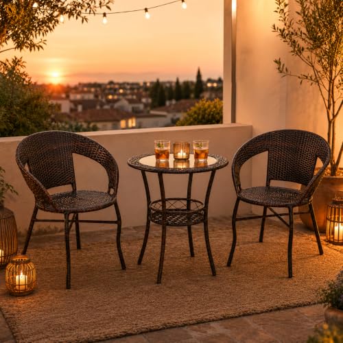 Marbella 3-Piece Brown Wicker Bistro Set with Round Glass-Top Table and 2 Armchairs - Image 3