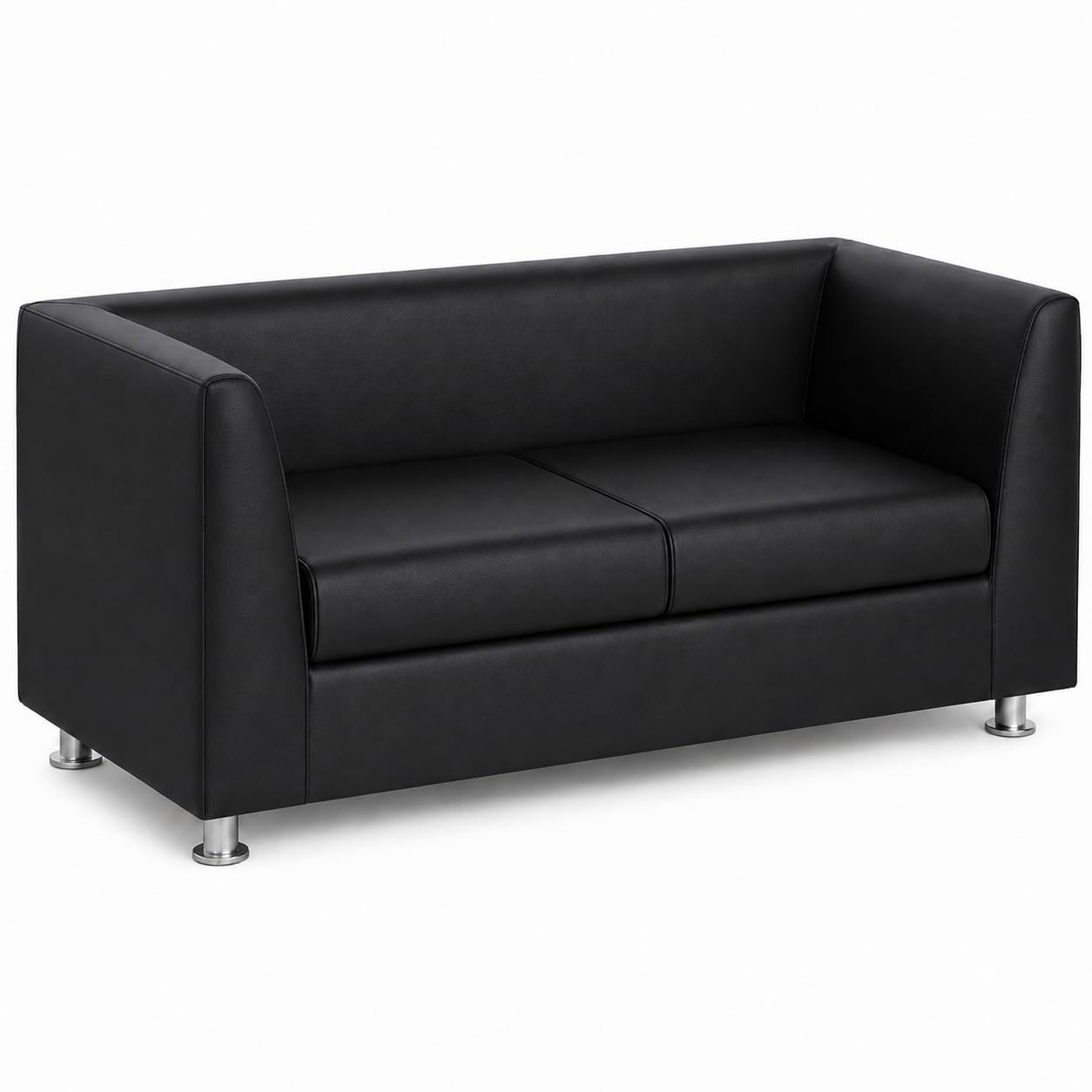 679 Black PU Leather 2 Seater Sofa | Straight Arms Loveseat Couch with High-Density Foam, Solid Wood Frame and Chrome Metal Legs for Living Room, Office, Reception and Small Spaces