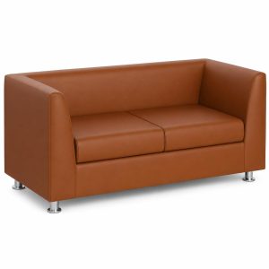 679 Brown PU Leather 2 Seater Sofa | Straight Arms Loveseat Couch with High-Density Foam, Solid Wood Frame and Chrome Metal Legs for Living Room, Office, Reception and Small Spaces