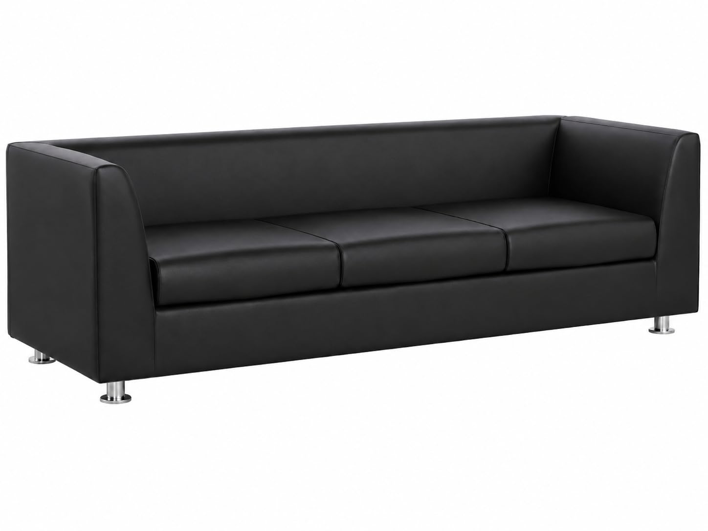 679 Black PU Leather 3 Seater Sofa | Modern Straight Arms Couch with High-Density Foam, Solid Wood Frame and Chrome Metal Legs for Living Room, Office, Reception and Family Lounges