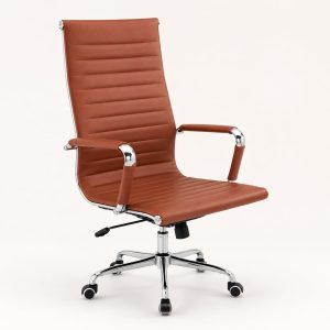 Marbella High-Back Executive Office Chair, Black Ribbed Faux Leather, Cushioned Desk Chair with Chrome Base, Adjustable Height, Tilt Function & 360° Swivel for Home Office, Brown