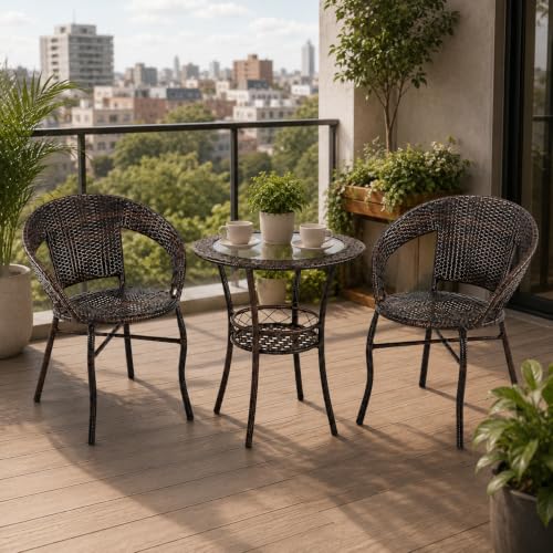 Marbella 3-Piece Brown Wicker Bistro Set with Round Glass-Top Table and 2 Armchairs - Image 7