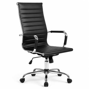 Marbella High-Back Executive Office Chair, Black Ribbed Faux Leather, Cushioned Desk Chair with Chrome Base, Adjustable Height, Tilt Function & 360° Swivel for Home Office, Black