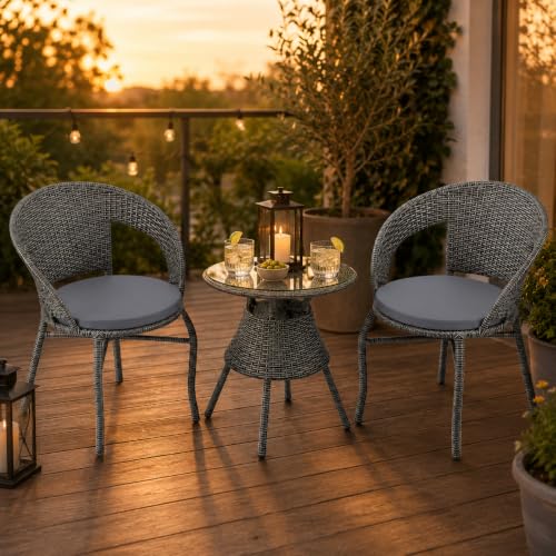 3-Piece Charcoal Grey Rattan Bistro Set with Cushioned Chairs and Round Glass-Top Table - Image 6