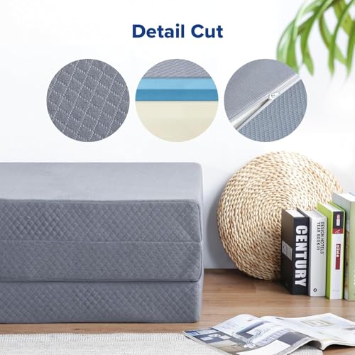 Tri-Folding Memory Foam Mattress Topper | Portable Bed, Collapsible and Washable Cover | Foldable Camping Floor Mattress Guest Bed for Camping - Image 6