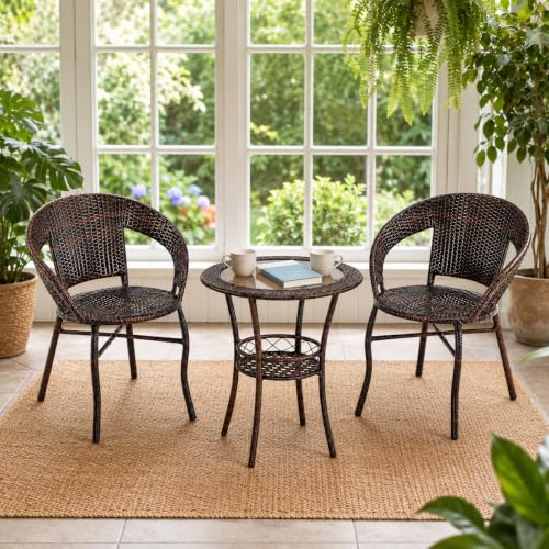 Marbella 3-Piece Brown Wicker Bistro Set with Round Glass-Top Table and 2 Armchairs - Image 4