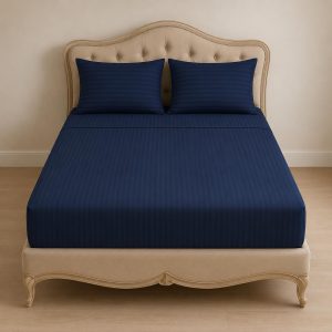 Home Mart Outlet Striped Microfiber Fitted Sheet Set | King 180x200 cm | Navy Blue | 3 Piece Deep Pocket Bedding Set with 2 Pillowcases 50x75 cm | Soft Durable Wrinkle Resistant