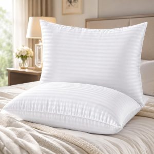 Home Mart Outlet Premium Hotel Quality Pillows, King 50 x 80 cm, Pack of 4, 7D Hollow Fiber and 3D Gel Fiber Fill, Dual-Sided Soft and Firm Comfort, Breathable Striped Cover, White