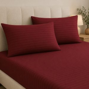 Home Mart Outlet Striped Microfiber Fitted Sheet Set | Super King 200x200 cm | Maroon | 3 Piece Deep Pocket Bedding Set with 2 Pillowcases 50x75 cm | Soft Durable Wrinkle Resistant
