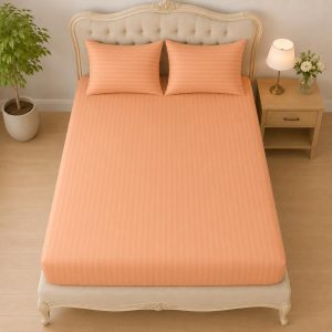 Home Mart Outlet Striped Microfiber Fitted Sheet Set | Queen 150x200 cm | Peach | 3 Piece Deep Pocket Bedding Set with 2 Pillowcases 50x75 cm | Soft Durable Wrinkle Resistant
