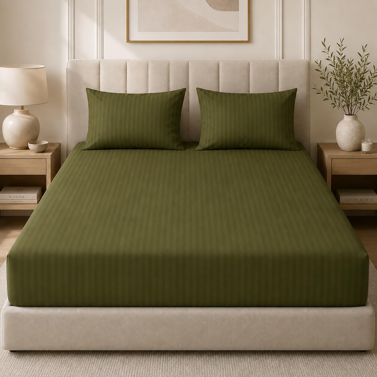 Home Mart Outlet Striped Microfiber Fitted Sheet Set | Queen 150x200 cm | Olive Green | 3 Piece Deep Pocket Bedding Set with 2 Pillowcases 50x75 cm | Soft Durable Wrinkle Resistant