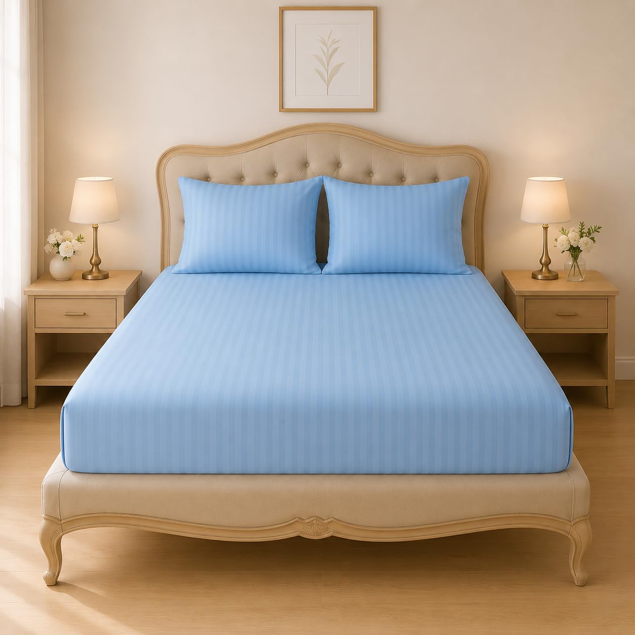 Home Mart Outlet Striped Microfiber Fitted Sheet Set | Queen 150x200 cm | Sky Blue | 3 Piece Deep Pocket Bedding Set with 2 Pillowcases 50x75 cm | Soft Durable Wrinkle Resistant