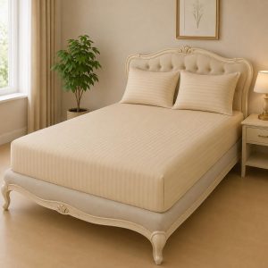 Home Mart Outlet Striped Microfiber Fitted Sheet Set | Double 120x200 cm | Cream | 3 Piece Deep Pocket Bedding Set with 2 Pillowcases 50x75 cm | Soft Durable Wrinkle Resistant