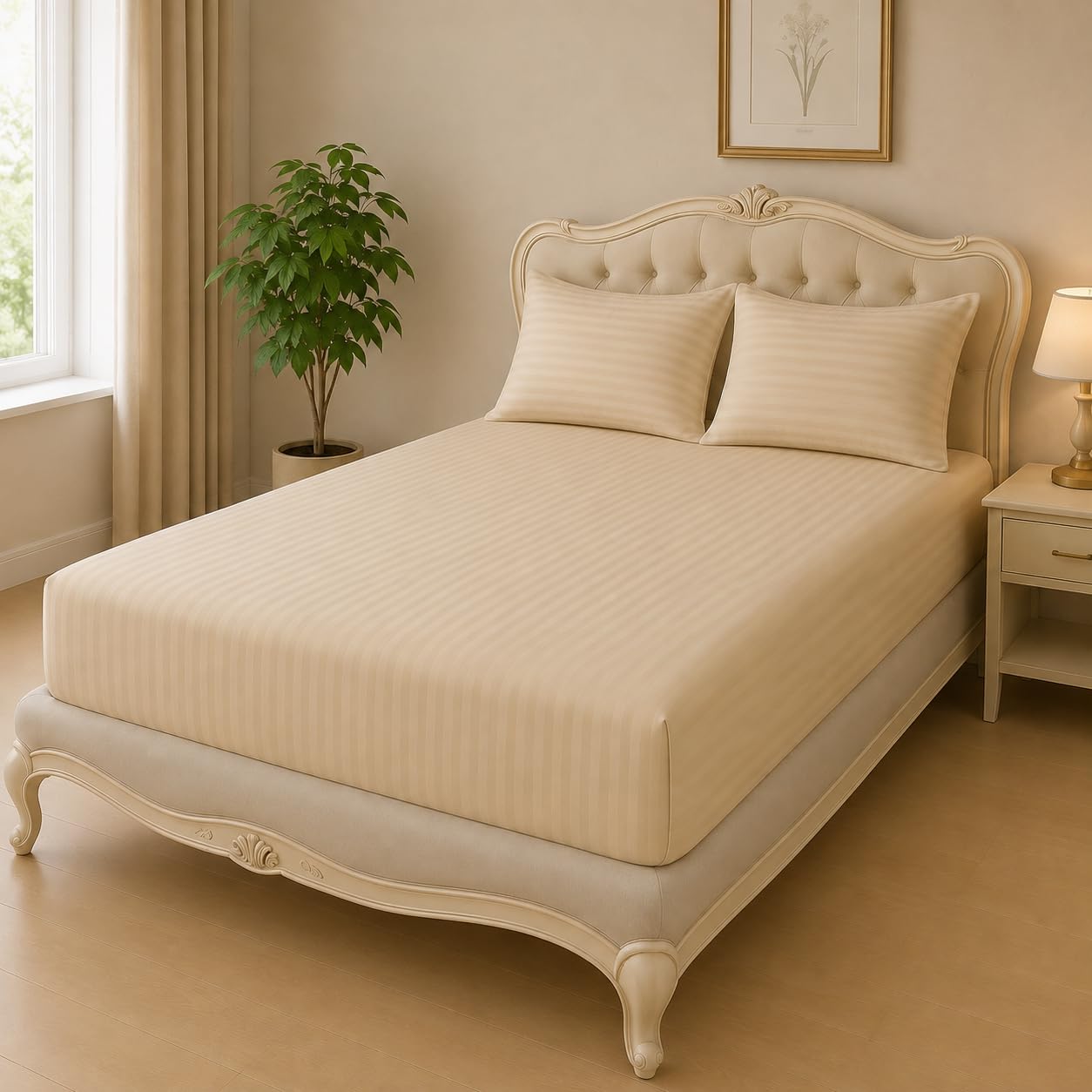 Home Mart Outlet Striped Microfiber Fitted Sheet Set | Double 120x200 cm | Cream | 3 Piece Deep Pocket Bedding Set with 2 Pillowcases 50x75 cm | Soft Durable Wrinkle Resistant