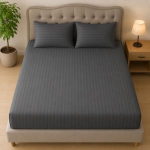 Home Mart Outlet Striped Microfiber Fitted Sheet Set | Queen 150x200 cm | Gray | 3 Piece Deep Pocket Bedding Set with 2 Pillowcases 50x75 cm | Soft Durable Wrinkle Resistant
