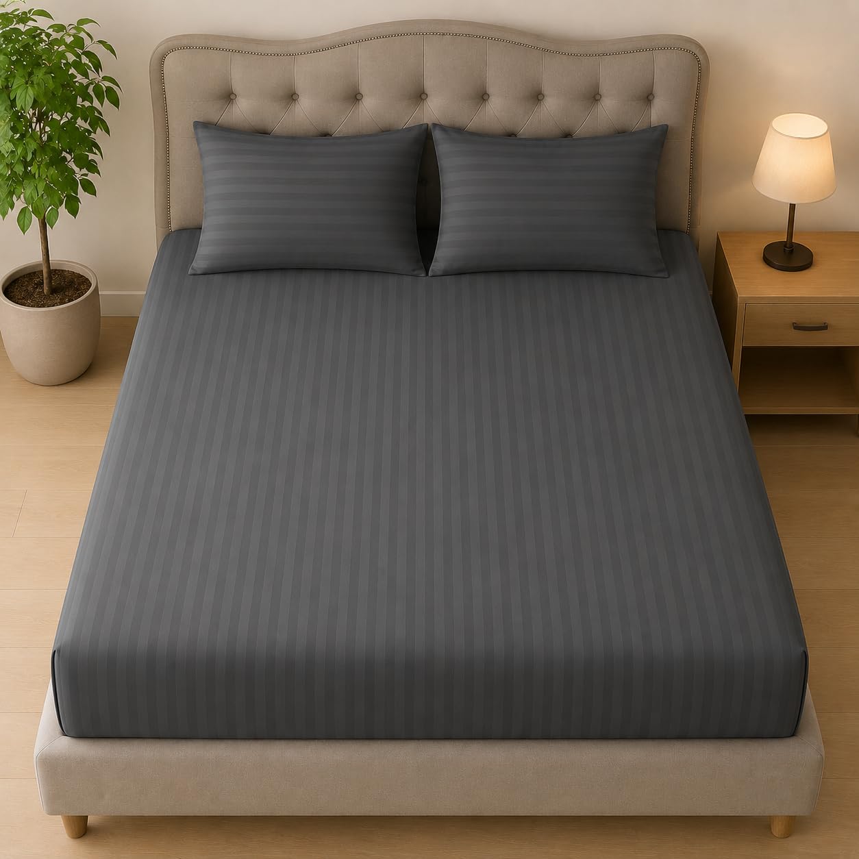 Home Mart Outlet Striped Microfiber Fitted Sheet Set | Twin 90x200 cm | Gray | 3 Piece Deep Pocket Bedding Set with 2 Pillowcases 50x75 cm | Soft Durable Wrinkle Resistant