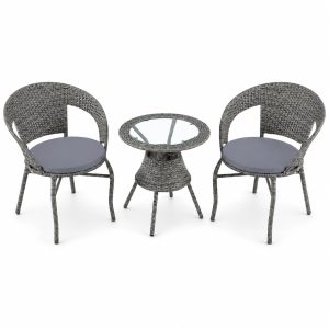 3-Piece Charcoal Grey Rattan Bistro Set with Cushioned Chairs and Round Glass-Top Table