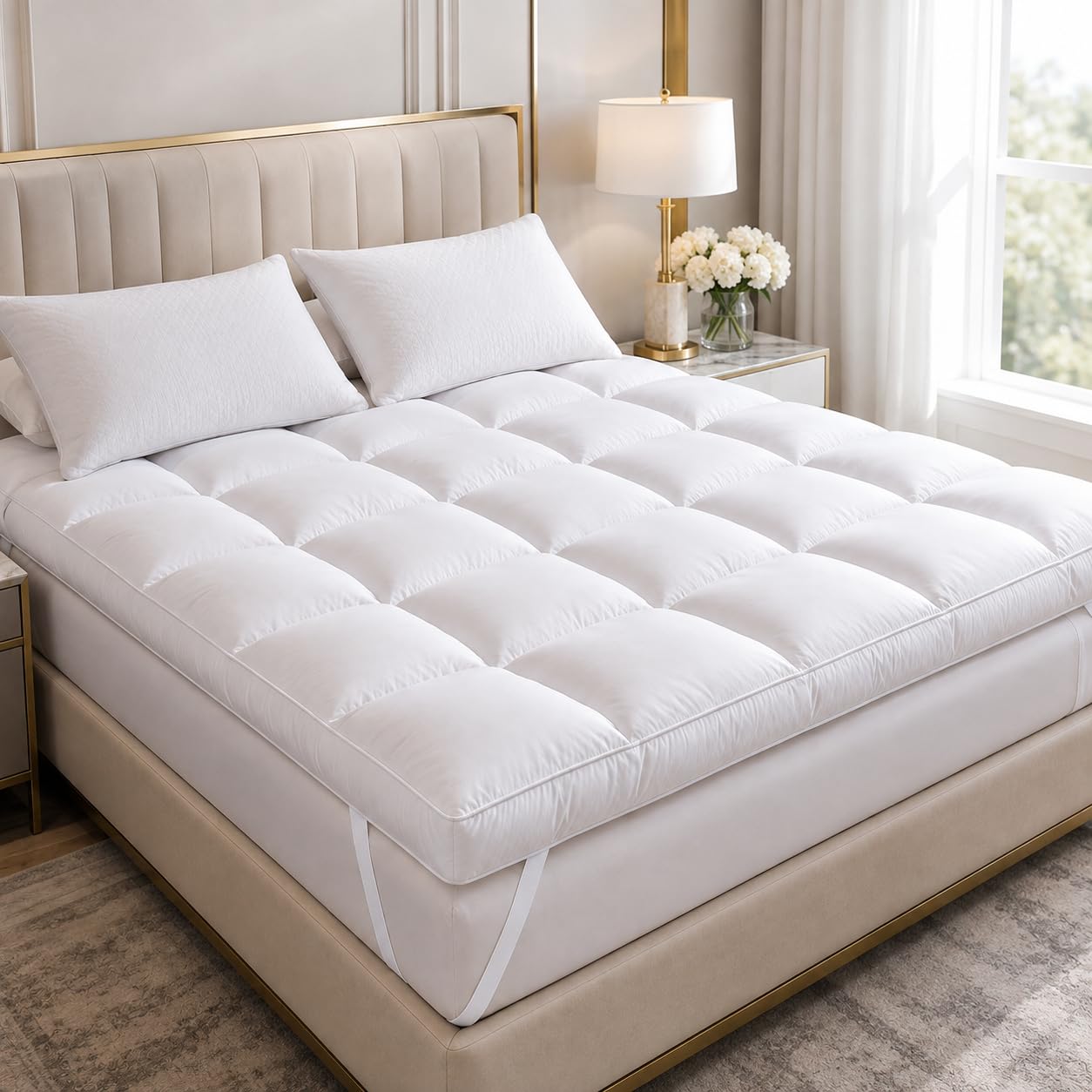 Home Mart Outlet Single Mattress Topper 160 x 200 cm, 6 cm Ultra-Plush 600 GSM Microfiber Fill, Breathable Quilted Surface, Soft Brushed Fabric, Firm Support and Elastic Corner Straps