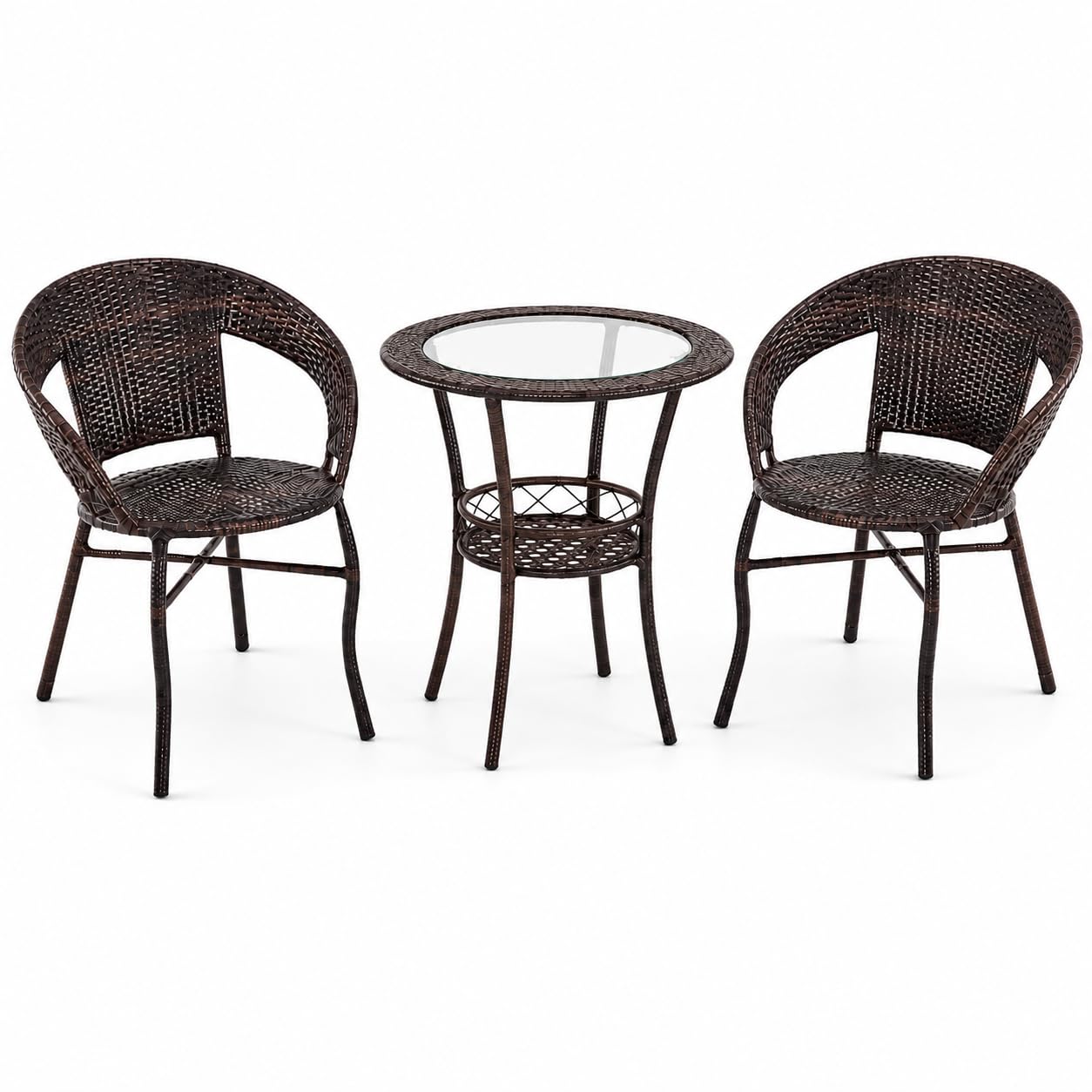 Marbella 3-Piece Brown Wicker Bistro Set with Round Glass-Top Table and 2 Armchairs