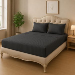 Home Mart Outlet Striped Microfiber Fitted Sheet Set | Super King 200x200 cm | Dark Gray | 3 Piece Deep Pocket Bedding Set with 2 Pillowcases 50x75 cm | Soft Durable Wrinkle Resistant