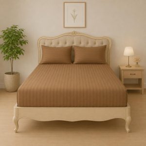 Home Mart Outlet Striped Microfiber Fitted Sheet Set | Twin 90x200 cm | Brown | 3 Piece Deep Pocket Bedding Set with 2 Pillowcases 50x75 cm | Soft Durable Wrinkle Resistant