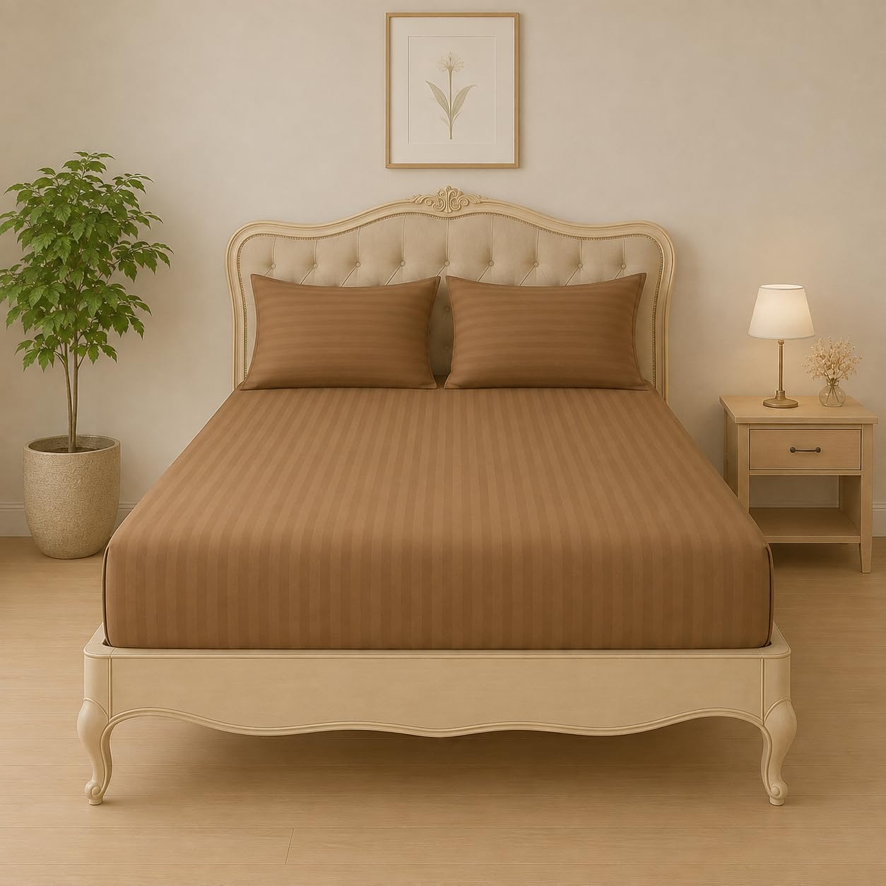Home Mart Outlet Striped Microfiber Fitted Sheet Set | Double 120x200 cm | Brown | 3 Piece Deep Pocket Bedding Set with 2 Pillowcases 50x75 cm | Soft Durable Wrinkle Resistant