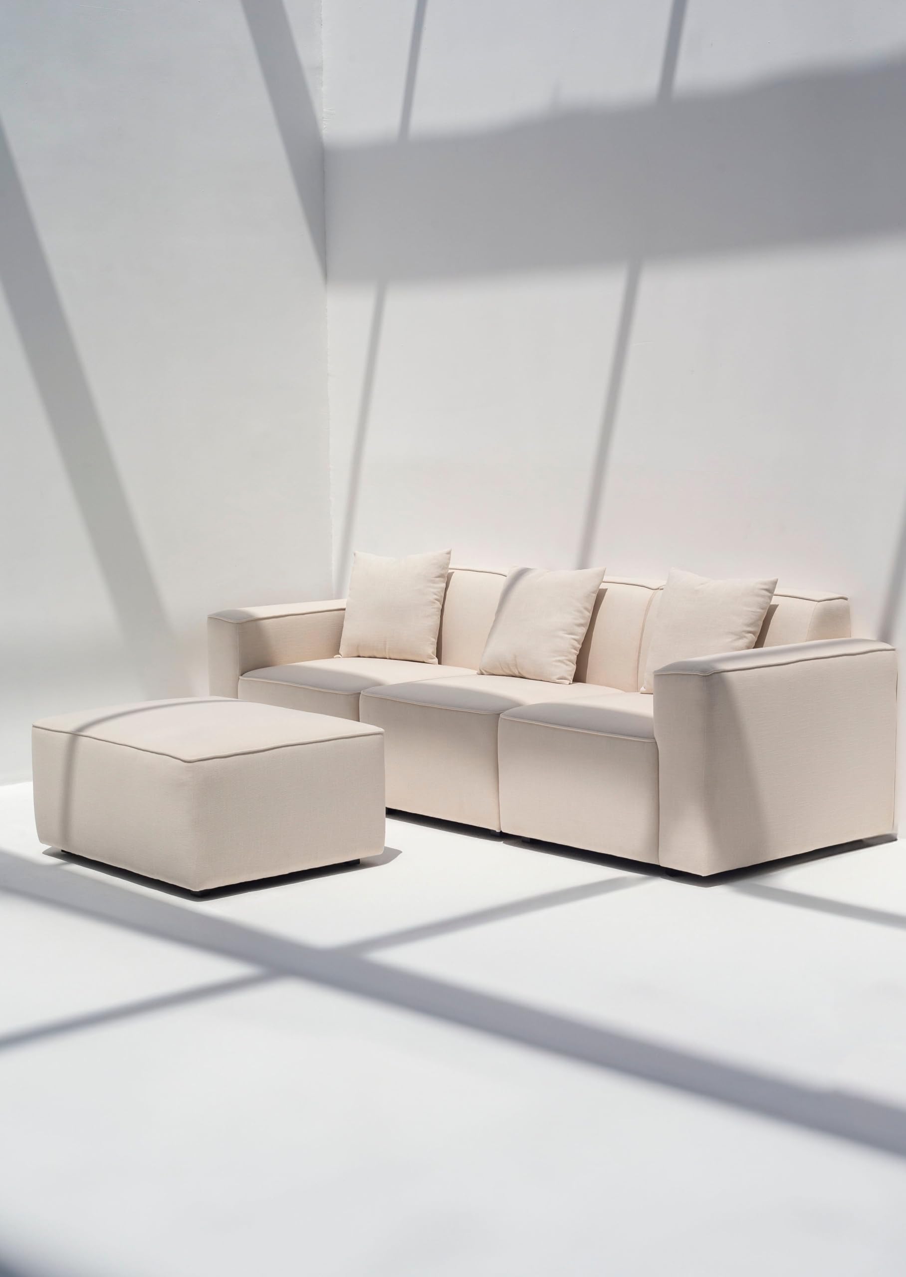 Aysun Cream Linen Modular 3 Seater Sofa with Ottoman