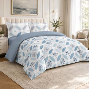 Marbella Mix & Match 4-Piece Hotel Quality Bedding Set, 250 GSM Ultra-Soft Microfiber Duvet Cover, Fitted Sheet, 2 Pillowcases, Zipper Closure, Easy Care, Blue geometric, Double(220x200)