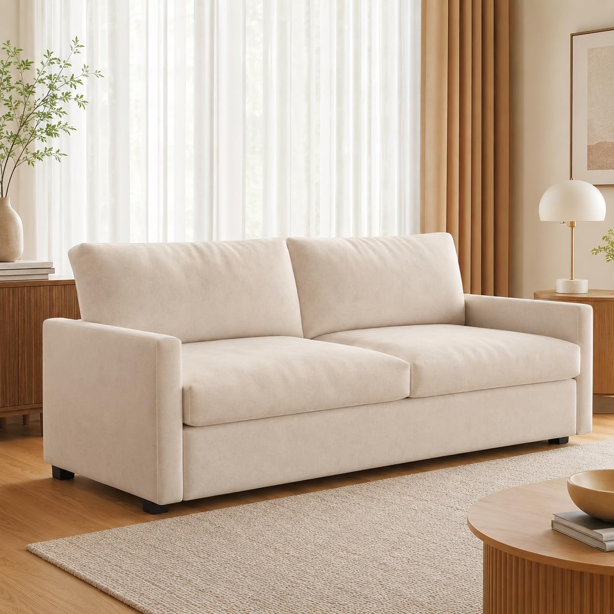 Velvet 2-Seater Sofa, Modern Upholstered Loveseat with Deep Cushioned Seat, Soft Backrest, Spring Support and Stable Legs for Living Room, Bedroom, Apartment and Office (Beige, 190 cm)