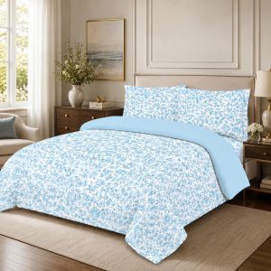 Home Mart Outlet Mix and Match 4-Piece Hotel Quality Bedding Set, Ultra-Soft 250 GSM Microfiber Duvet Cover, Fitted Sheet, 2 Pillowcases, Zipper (Blue Floral, Double 200x220cm, 150x220cm)