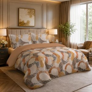 Home Mart Outlet Mix and Match 4-Piece Hotel Quality Bedding Set, Ultra-Soft 250 GSM Microfiber Duvet Cover, Fitted Sheet, 2 Pillowcases, Zipper (Brown & Yellow Abstract, Double 200x220cm, 150x220cm)