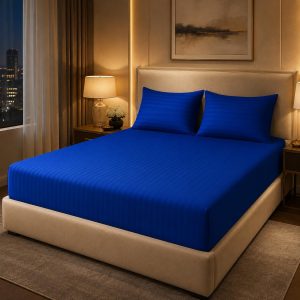 Marbella Super King Fitted Sheet Set 200 x 200 cm with 2 Pillowcases, Ultra-Soft Striped Microfiber, Deep Pocket up to 16 Inches, Snug Elastic Fit, Luxury Hotel Style Bedding, Royal Blue