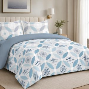 Home Mart Outlet Mix and Match 4-Piece Hotel Quality Bedding Set, Ultra-Soft 250 GSM Microfiber Duvet Cover, Fitted Sheet, 2 Pillowcases, Zipper (Blue geometric Single 150x220cm, 150x220cm)