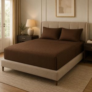 Home Mart Outlet Striped Microfiber Fitted Sheet Set | Queen 150x200 cm | Chocolate | 3 Piece Deep Pocket Bedding Set with 2 Pillowcases 50x75 cm | Soft Durable Wrinkle Resistant