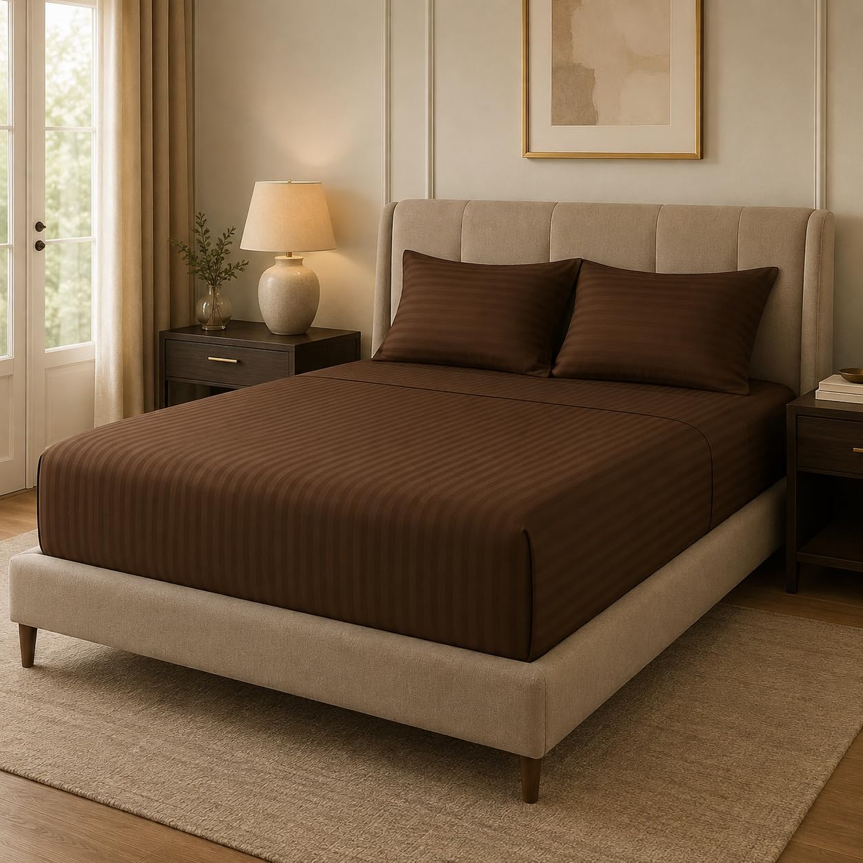 Home Mart Outlet Striped Microfiber Fitted Sheet Set | Twin 90x200 cm | Chocolate | 3 Piece Deep Pocket Bedding Set with 2 Pillowcases 50x75 cm | Soft Durable Wrinkle Resistant